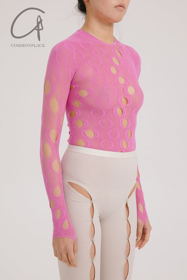 Rui Zhou JW03 series hollow long-sleeved elastic top RUI-RUIFW21JW03F-TAOHONG Fuschia Aqua RUIFW21JW03